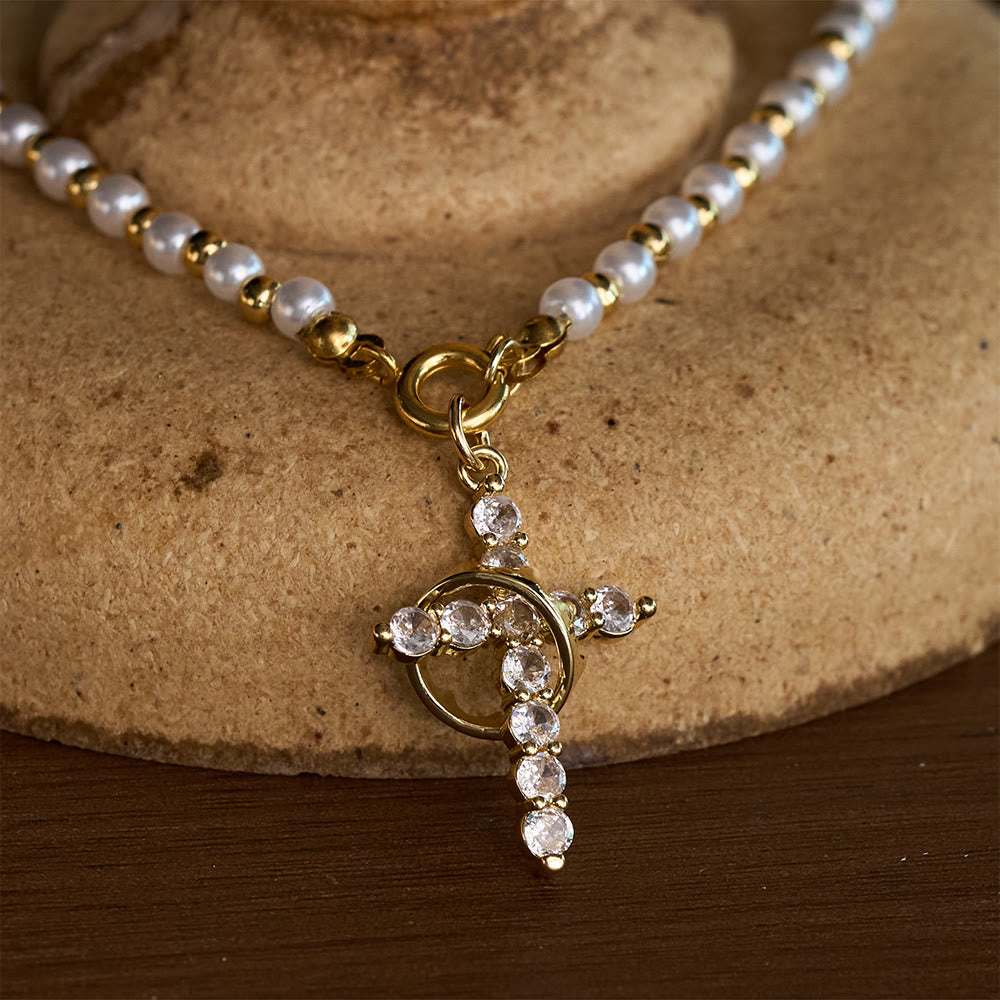 SolaceBeads Pearl &amp; Cubic Zirconia Spinning Crown Cross Necklace &amp; Pendant: Regal Grace - image 1