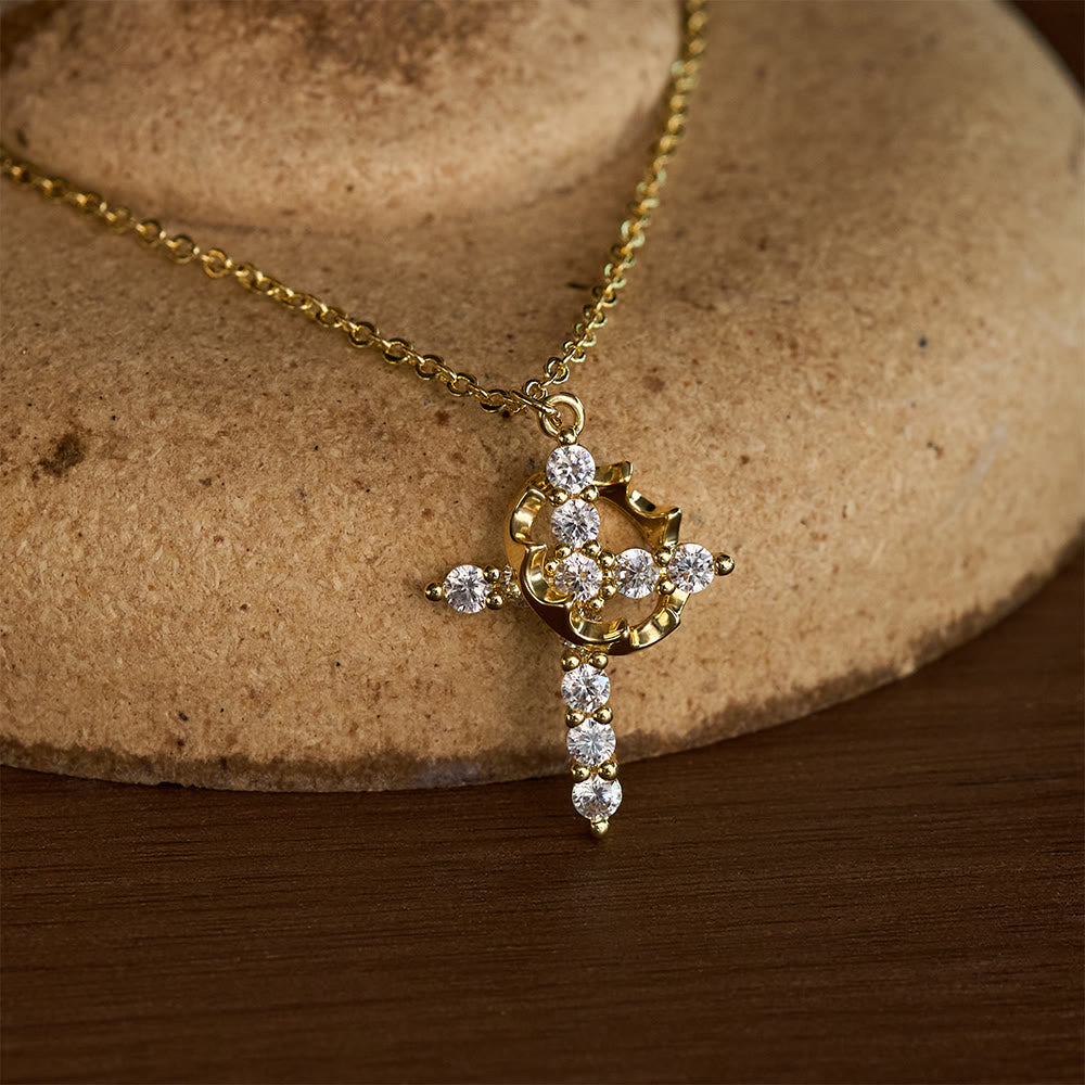 SolaceBeads Copper with Cubic Zirconia Spinning Crown Cross Necklace : Divine Light, Endless Serenity - Gold - image 0