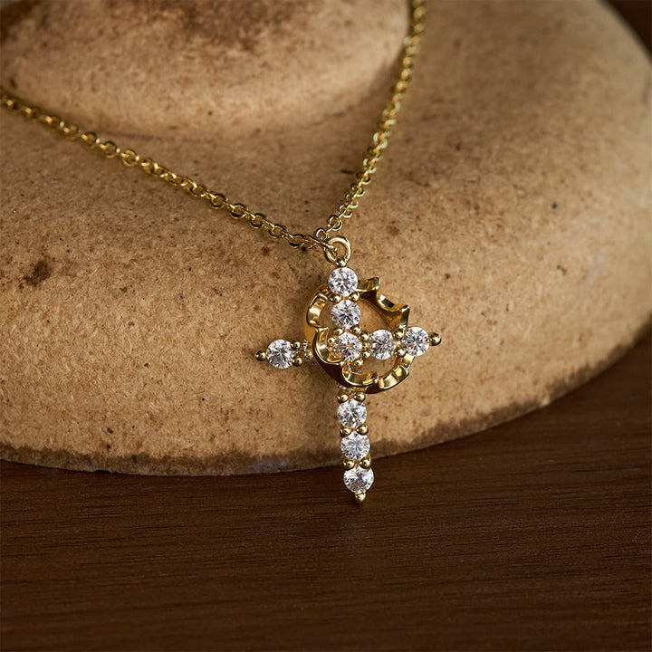 SolaceBeads Copper with Cubic Zirconia Spinning Crown Cross Necklace : Divine Light, Endless Serenity - Gold - image 0