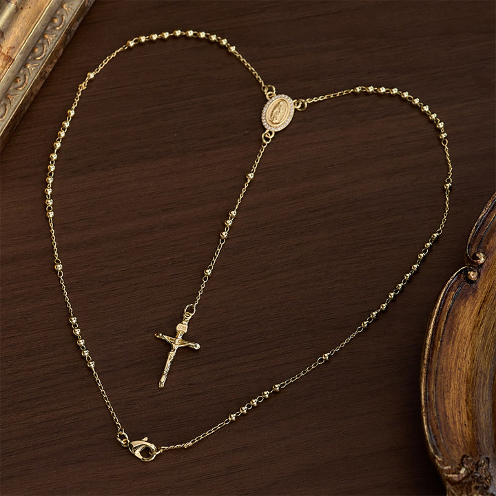 SolaceBeads Gold Tiny Bead Rosary Necklace With Guadalupe Medal &amp; Crucifix: Peace in Delicate Faith - Rosary Necklace - image 0