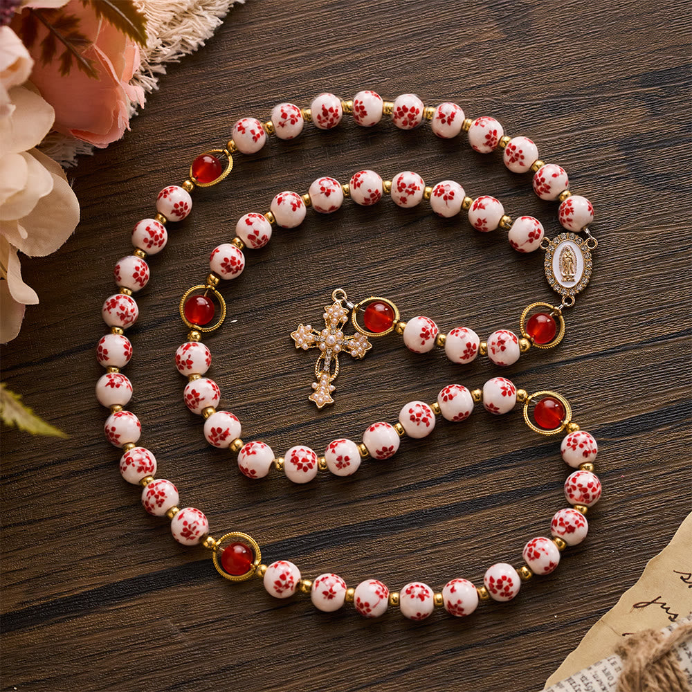 SolaceBeads Handcrafted Blue Floral Ceramic Rosary: A Tapestry of Grace in life - Red &amp; Flowers - image 9