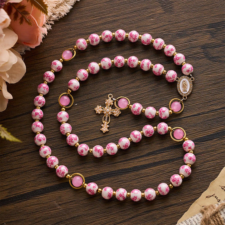 SolaceBeads Handcrafted Blue Floral Ceramic Rosary: A Tapestry of Grace in life - Pink &amp; Flowers - image 15