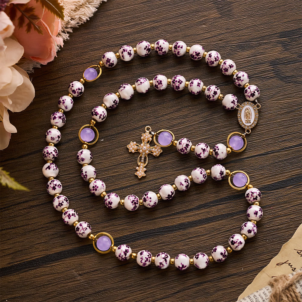 SolaceBeads Handcrafted Blue Floral Ceramic Rosary: A Tapestry of Grace in life - Purple &amp; Flowers - image 18