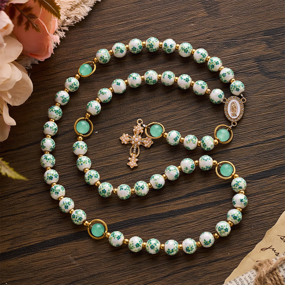 SolaceBeads Handcrafted Blue Floral Ceramic Rosary: A Tapestry of Grace in life - Green &amp; Flowers - image 12