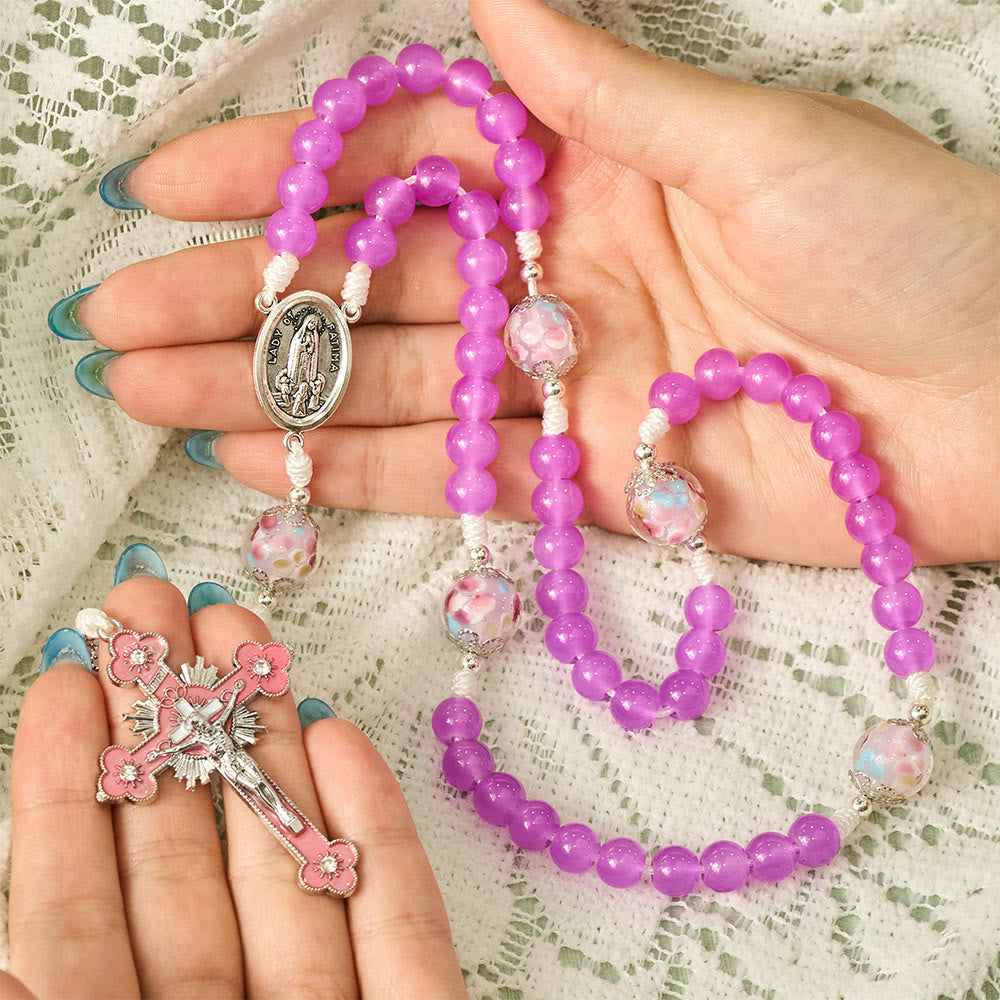 Solacebeads Magenta Floral Artistic Rosary With Pink Crucifix: Rooted In Our Lady Of Fatima Blessing - image 1