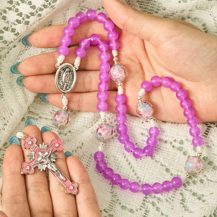 Solacebeads Magenta Floral Artistic Rosary With Pink Crucifix: Rooted In Our Lady Of Fatima Blessing - image 1