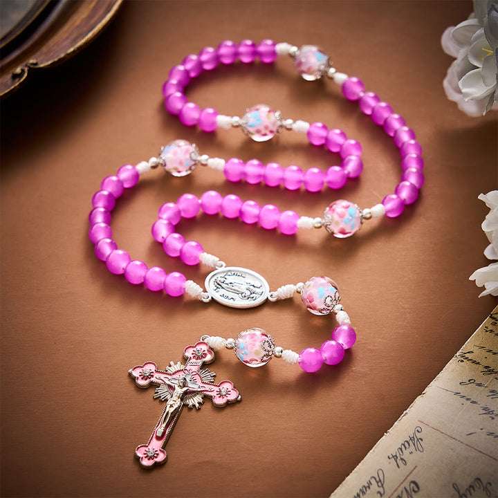 Solacebeads Magenta Floral Artistic Rosary With Pink Crucifix: Rooted In Our Lady Of Fatima Blessing - image 9