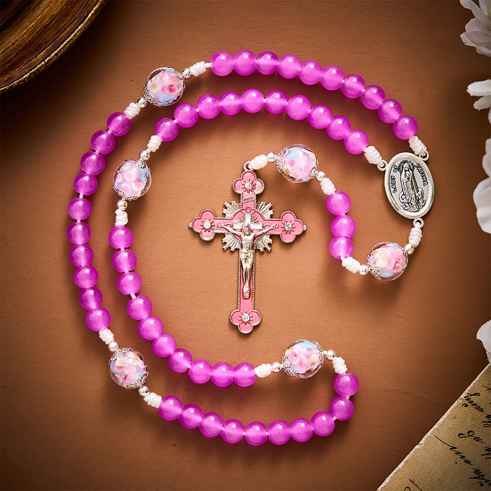 Solacebeads Magenta Floral Artistic Rosary With Pink Crucifix: Rooted In Our Lady Of Fatima Blessing - image 2