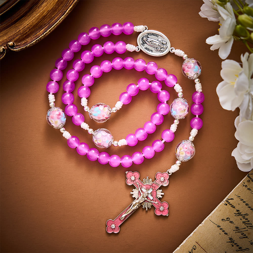 Solacebeads Magenta Floral Artistic Rosary With Pink Crucifix: Rooted In Our Lady Of Fatima Blessing - Pink - image 0