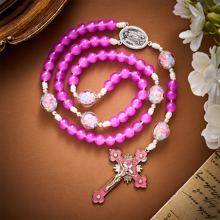 Solacebeads Magenta Floral Artistic Rosary With Pink Crucifix: Rooted In Our Lady Of Fatima Blessing - Pink - image 0