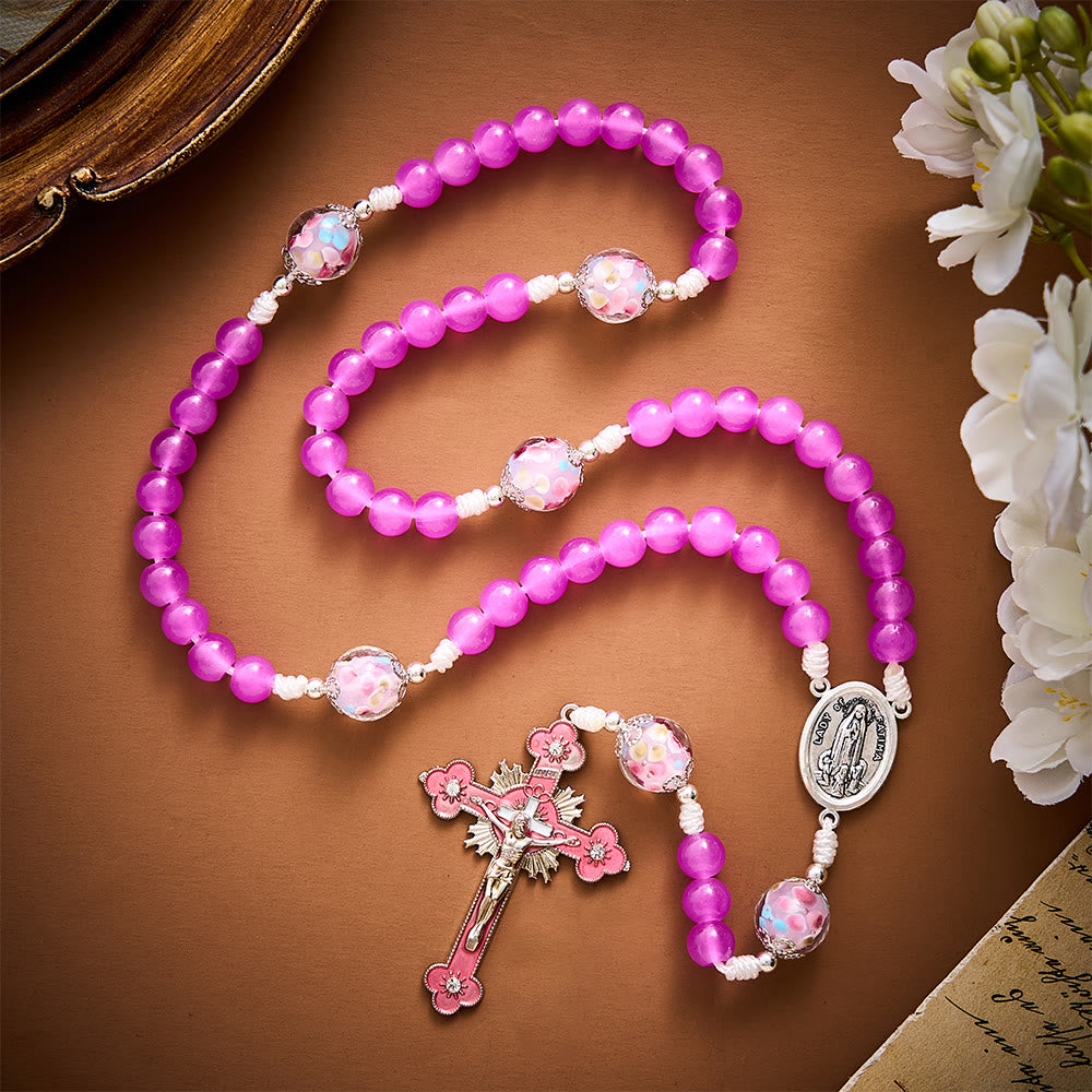 Solacebeads Magenta Floral Artistic Rosary With Pink Crucifix: Rooted In Our Lady Of Fatima Blessing - image 8