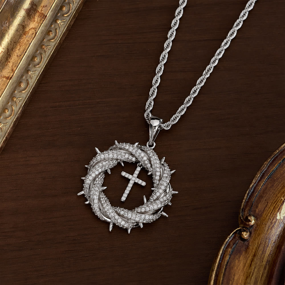 SolaceBeads Crown of Thorns Cross Cubic Zirconia Pendant Necklace: Peace in Sacred Grace - Silver - image 1