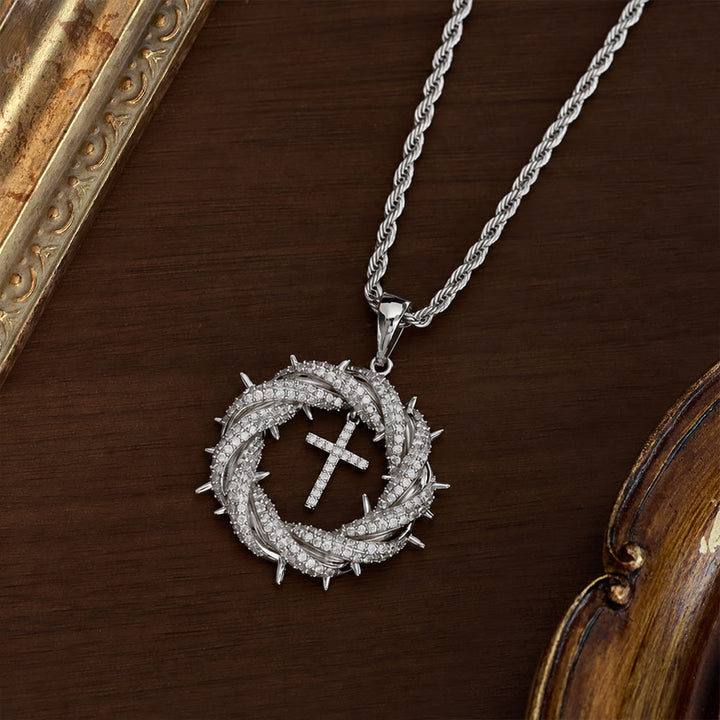 SolaceBeads Crown of Thorns Cross Cubic Zirconia Pendant Necklace: Peace in Sacred Grace - Silver - image 1