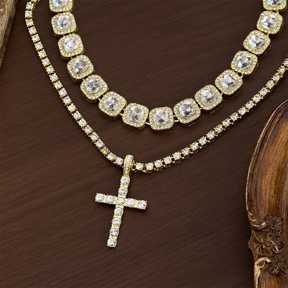 SolaceBeads Double-Layered Crystal Tennis Chain Cross Necklace: Design For Strength &amp; Success - Gold - image 1