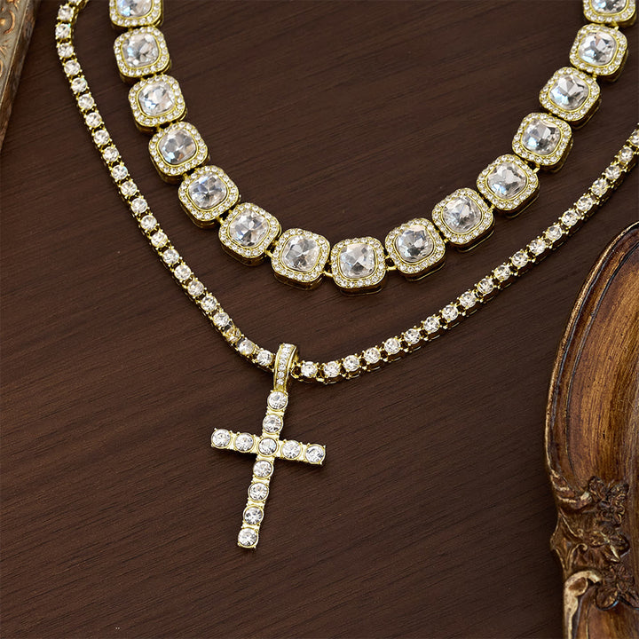 SolaceBeads Double-Layered Crystal Tennis Chain Cross Necklace: Design For Strength &amp; Success - Gold - image 1