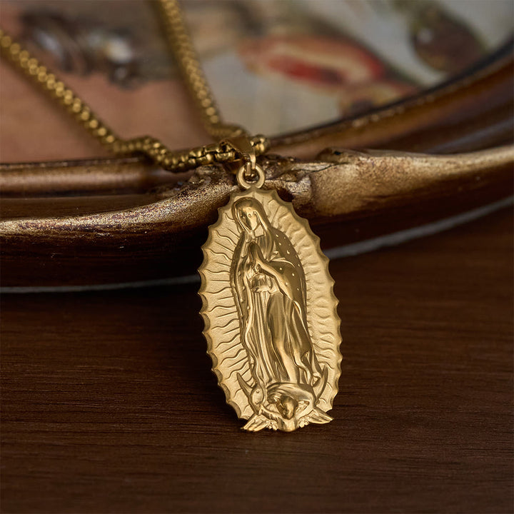 SolaceBeads Our Lady of Guadalupe Oval Box Chain Necklace &amp; Pendant: Maternal Blessing, Sacred Refuge - Gold - image 1