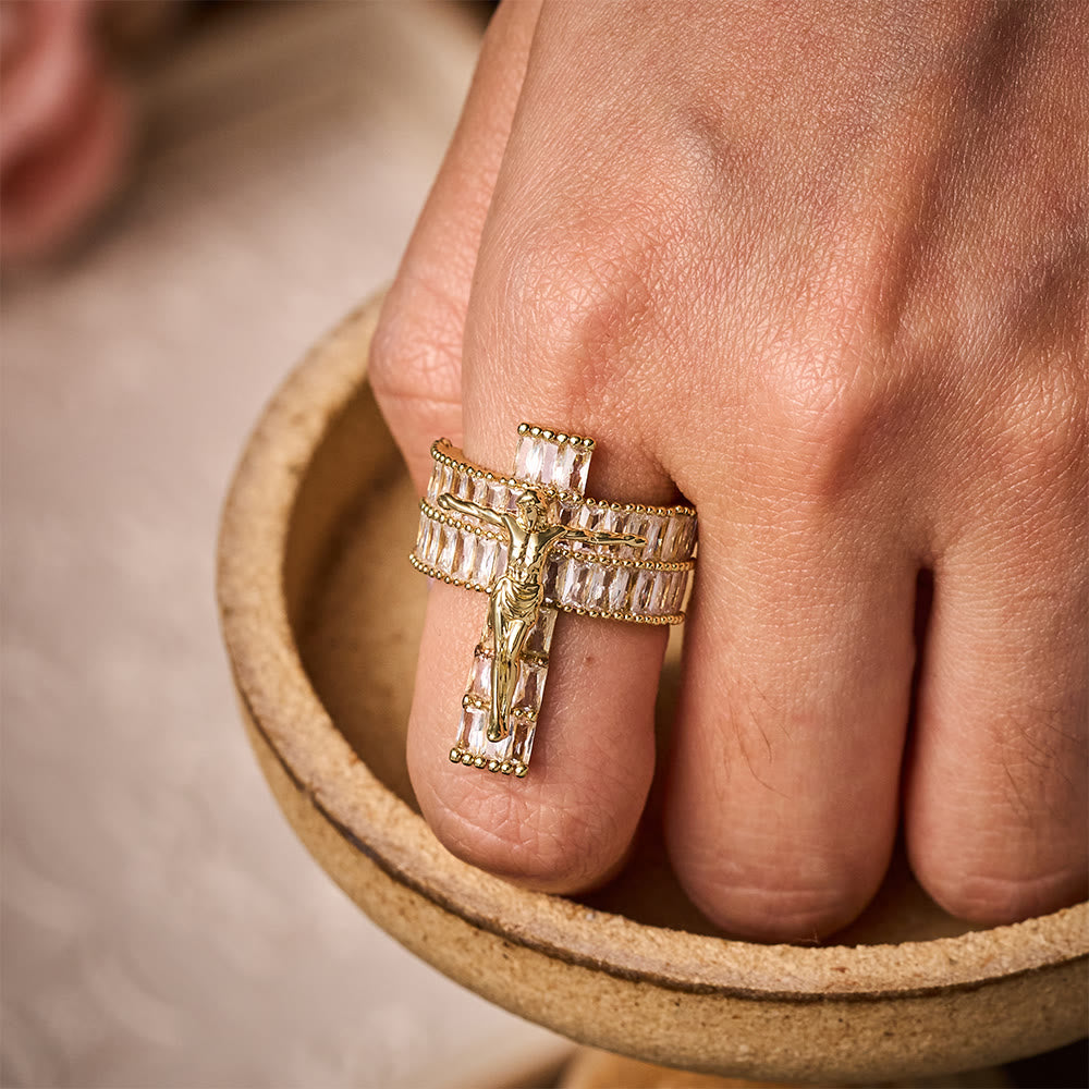 SolaceBeads Cubic Zirconia Crucifix Ring: Devotion &amp; Sparkle in Golden Grace - Faith Around Finger - image 2