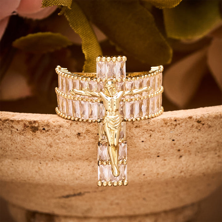 SolaceBeads Cubic Zirconia Crucifix Ring: Devotion &amp; Sparkle in Golden Grace - Faith Around Finger - US 11 - image 0