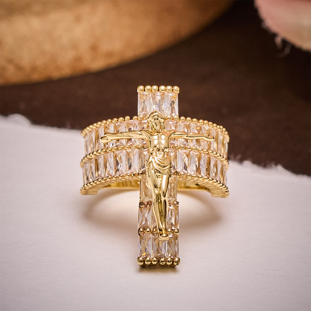 SolaceBeads Cubic Zirconia Crucifix Ring: Devotion &amp; Sparkle in Golden Grace - Faith Around Finger - image 5