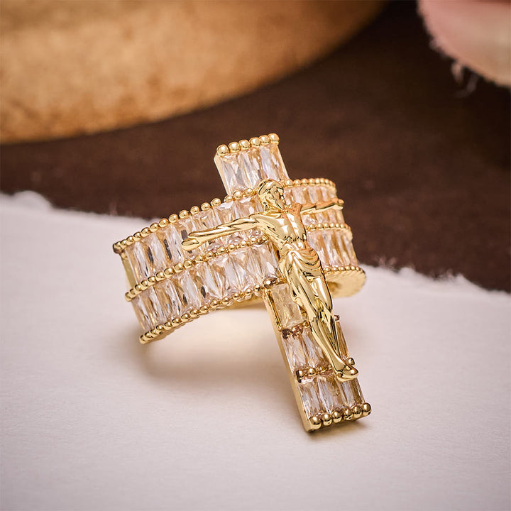 SolaceBeads Cubic Zirconia Crucifix Ring: Devotion &amp; Sparkle in Golden Grace - Faith Around Finger - image 4