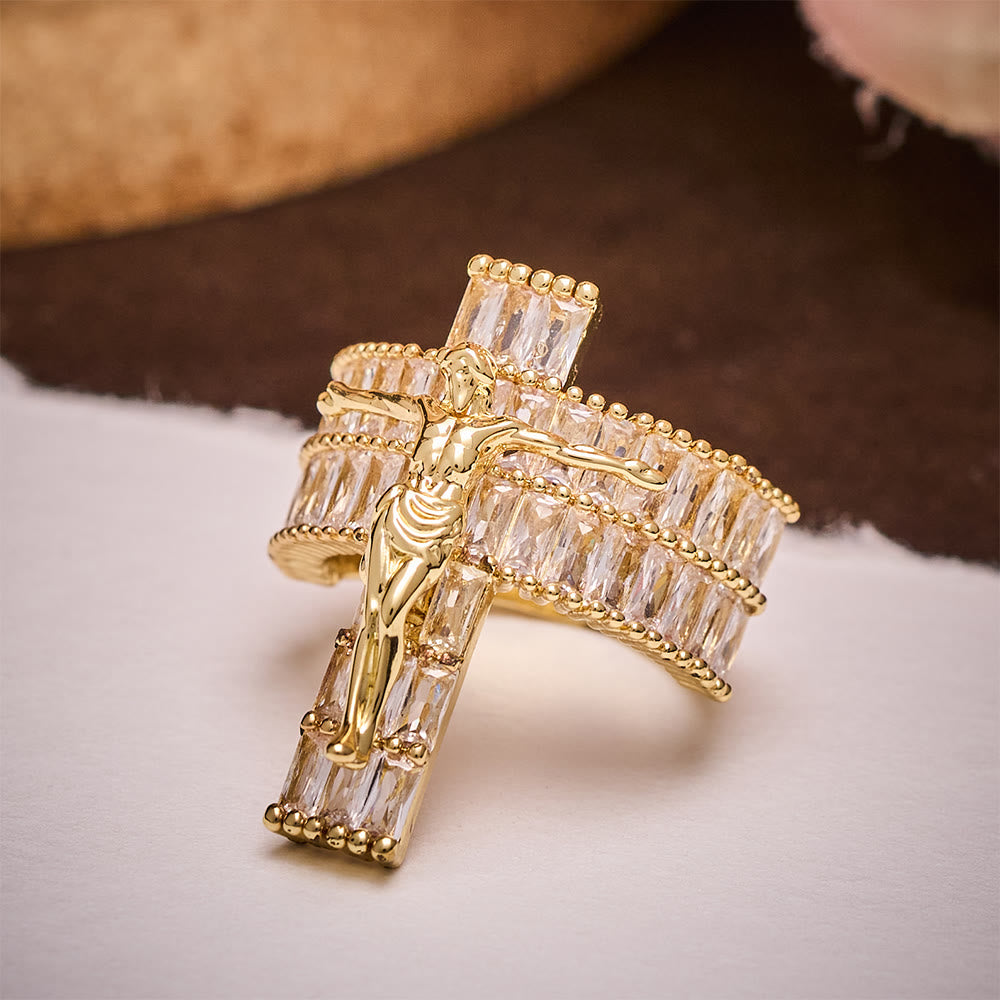 SolaceBeads Cubic Zirconia Crucifix Ring: Devotion &amp; Sparkle in Golden Grace - Faith Around Finger - image 3