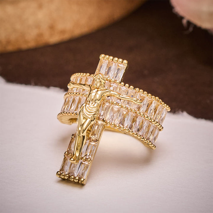 SolaceBeads Cubic Zirconia Crucifix Ring: Devotion &amp; Sparkle in Golden Grace - Faith Around Finger - image 3