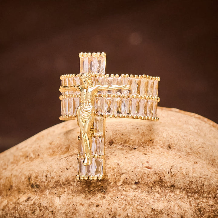 SolaceBeads Cubic Zirconia Crucifix Ring: Devotion &amp; Sparkle in Golden Grace - Faith Around Finger - image 6