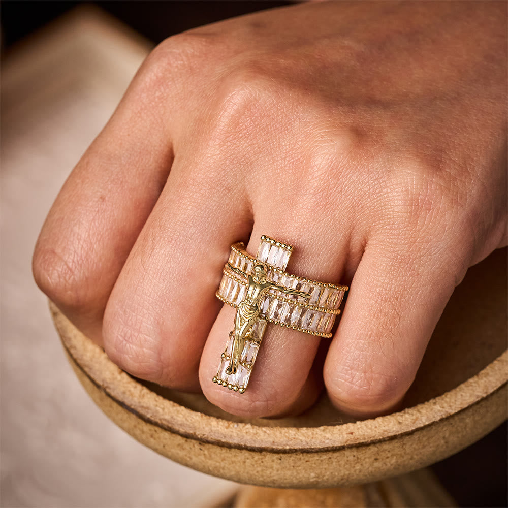 SolaceBeads Cubic Zirconia Crucifix Ring: Devotion &amp; Sparkle in Golden Grace - Faith Around Finger - image 1