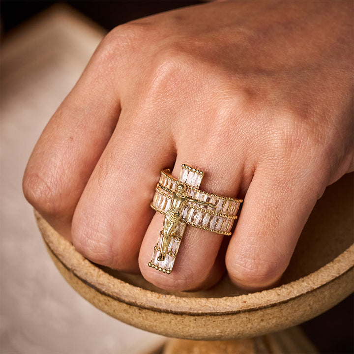 SolaceBeads Cubic Zirconia Crucifix Ring: Devotion &amp; Sparkle in Golden Grace - Faith Around Finger - image 1