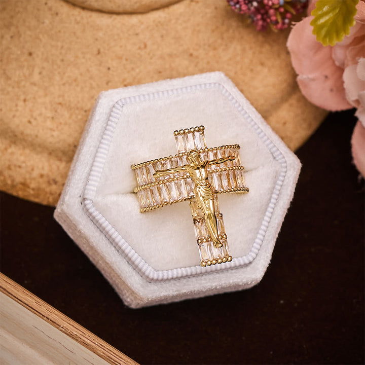 SolaceBeads Cubic Zirconia Crucifix Ring: Devotion &amp; Sparkle in Golden Grace - Faith Around Finger - image 7