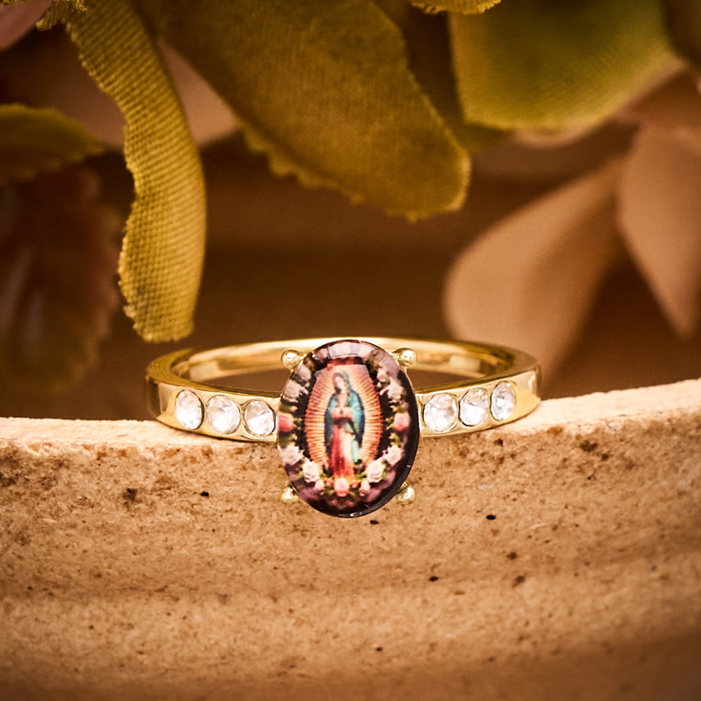 SolaceBeads Gold-Toned Our Lady of Guadalupe Oval Cabochon Ring: Grace in Golden Glow - US 10 - image 0