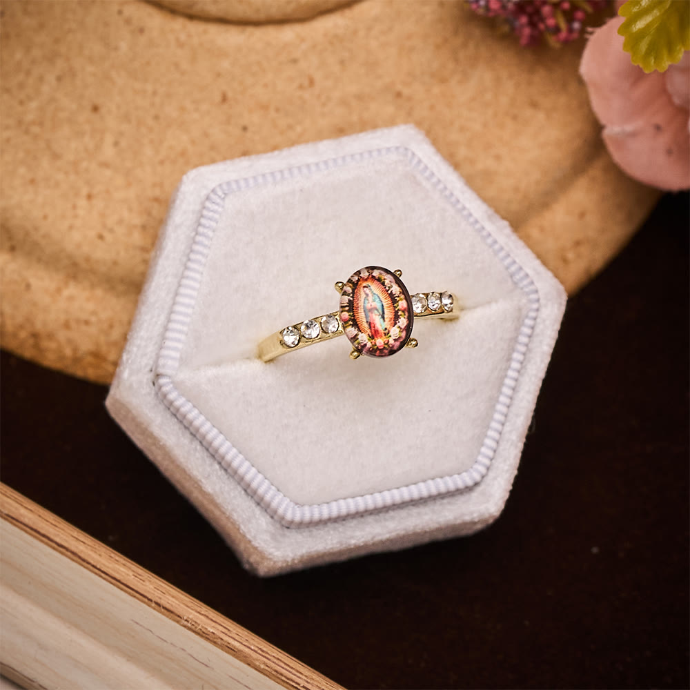 SolaceBeads Gold-Toned Our Lady of Guadalupe Oval Cabochon Ring: Grace in Golden Glow - image 5