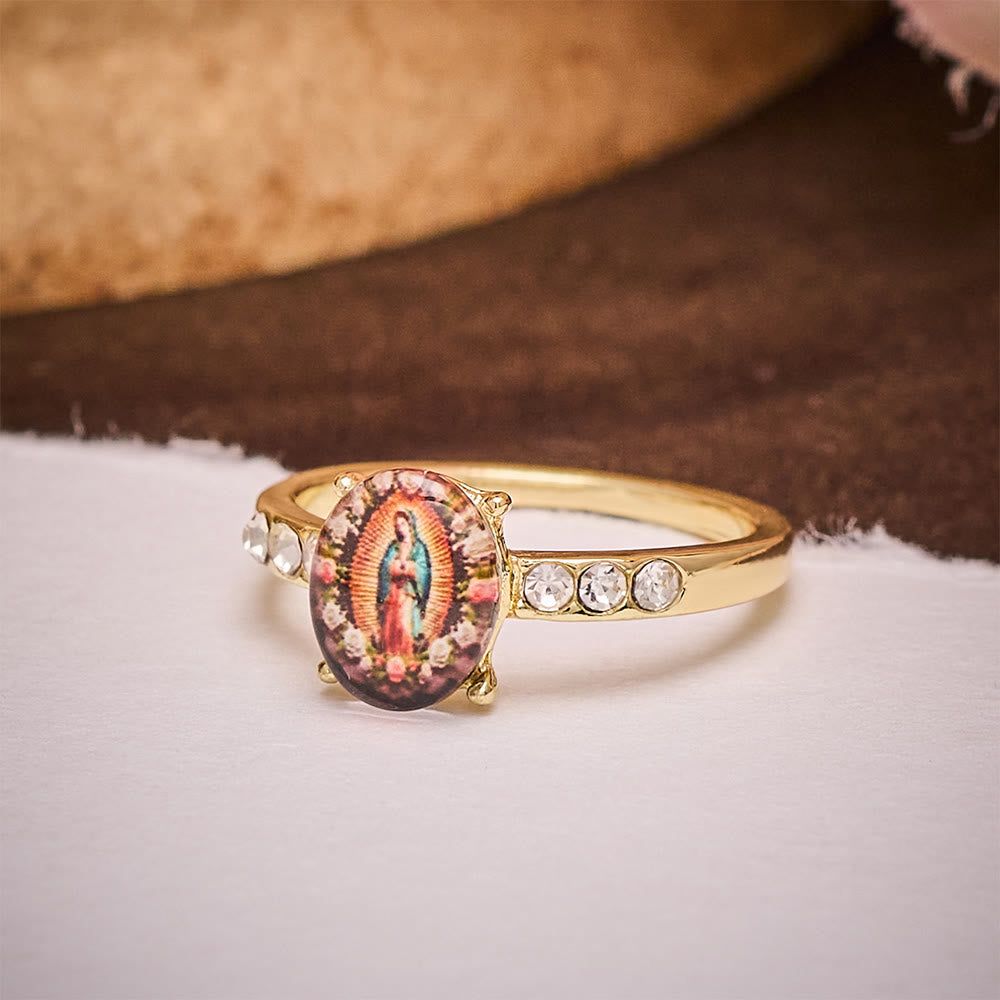 SolaceBeads Gold-Toned Our Lady of Guadalupe Oval Cabochon Ring: Grace in Golden Glow - image 2