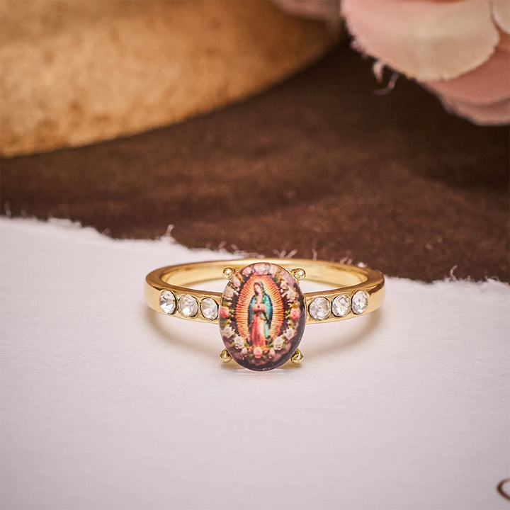 SolaceBeads Gold-Toned Our Lady of Guadalupe Oval Cabochon Ring: Grace in Golden Glow - image 3