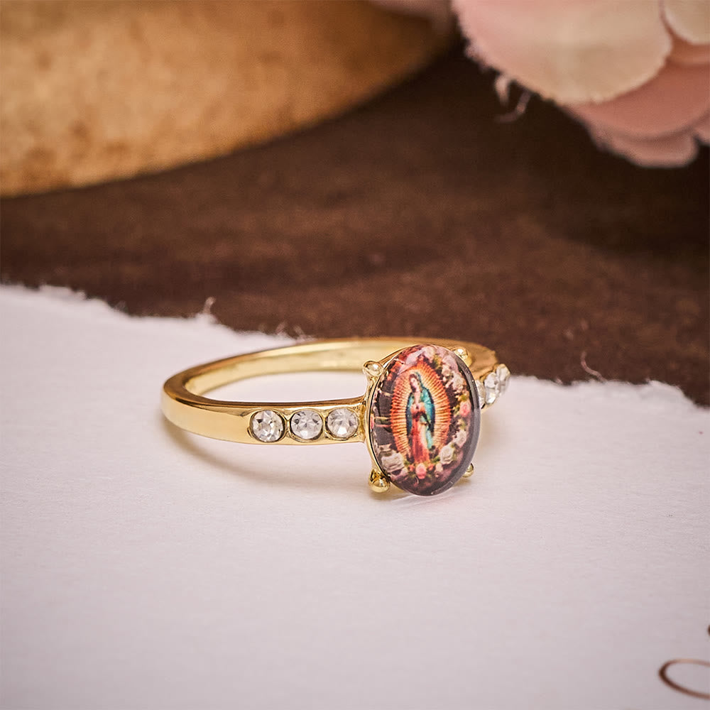SolaceBeads Gold-Toned Our Lady of Guadalupe Oval Cabochon Ring: Grace in Golden Glow - image 4