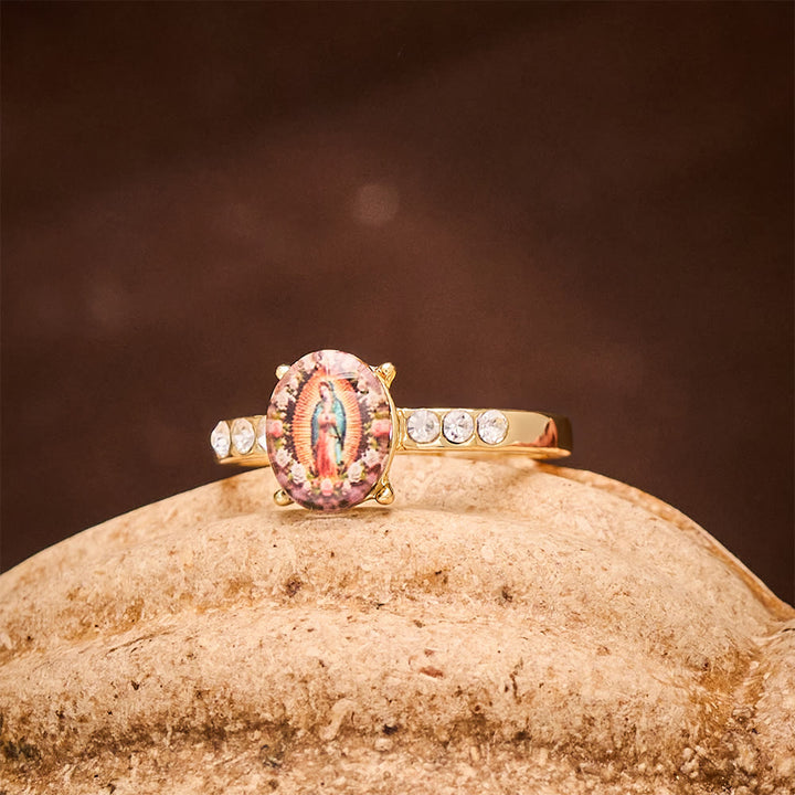 SolaceBeads Gold-Toned Our Lady of Guadalupe Oval Cabochon Ring: Grace in Golden Glow - image 6