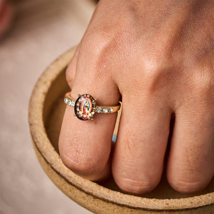 SolaceBeads Gold-Toned Our Lady of Guadalupe Oval Cabochon Ring: Grace in Golden Glow - image 1