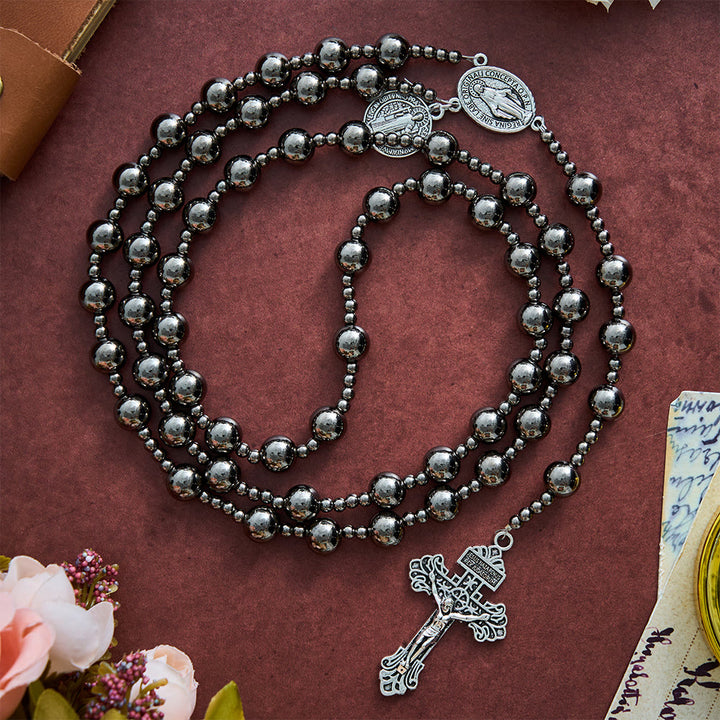 SolaceBeads Gunmetal Tone Artistic Rosary With Dual Medals &amp; Crucifix: A Sacred Emblem of Strength - image 0