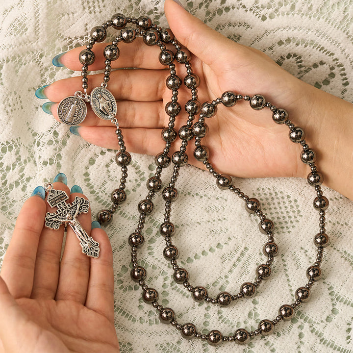 SolaceBeads Gunmetal Tone Artistic Rosary With Dual Medals &amp; Crucifix: A Sacred Emblem of Strength - image 1
