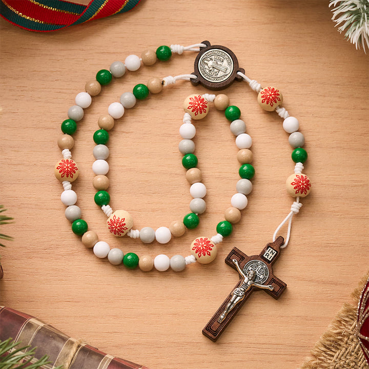 SolaceBeads Christmas Artistic Rosary With Wooden Benedict Medal &amp; Crucifix: Joy in Festive Faith - Christmas-Tone - image 0