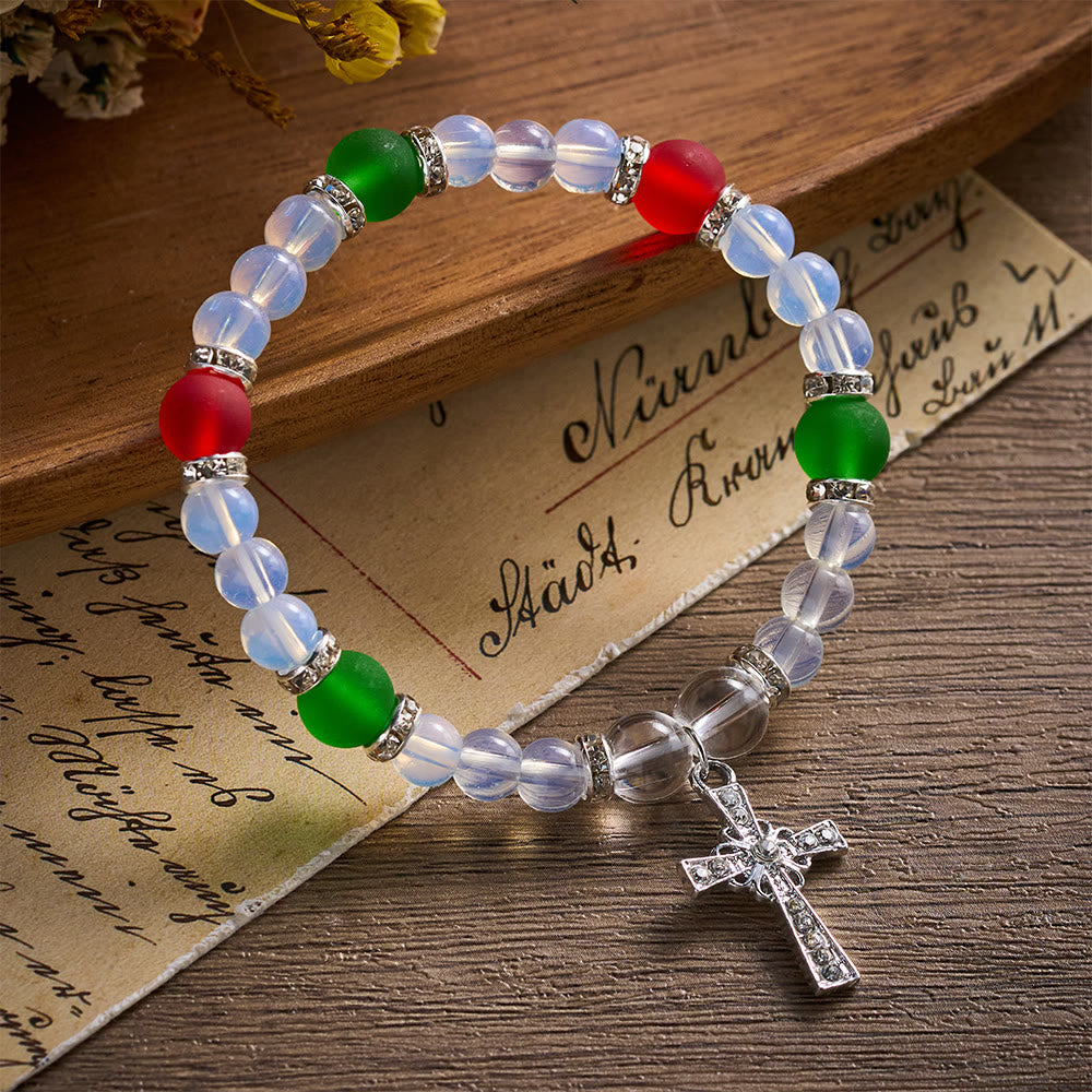 SolaceBeads Opalite Glass & Red Green Cross Bracelet: Holiday Grace, Peaceful Joy - Red & Green & White - image 0