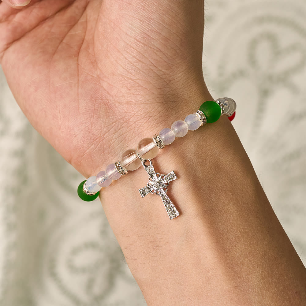 SolaceBeads Opalite Glass &amp; Red Green Cross Bracelet: Holiday Grace, Peaceful Joy - image 2