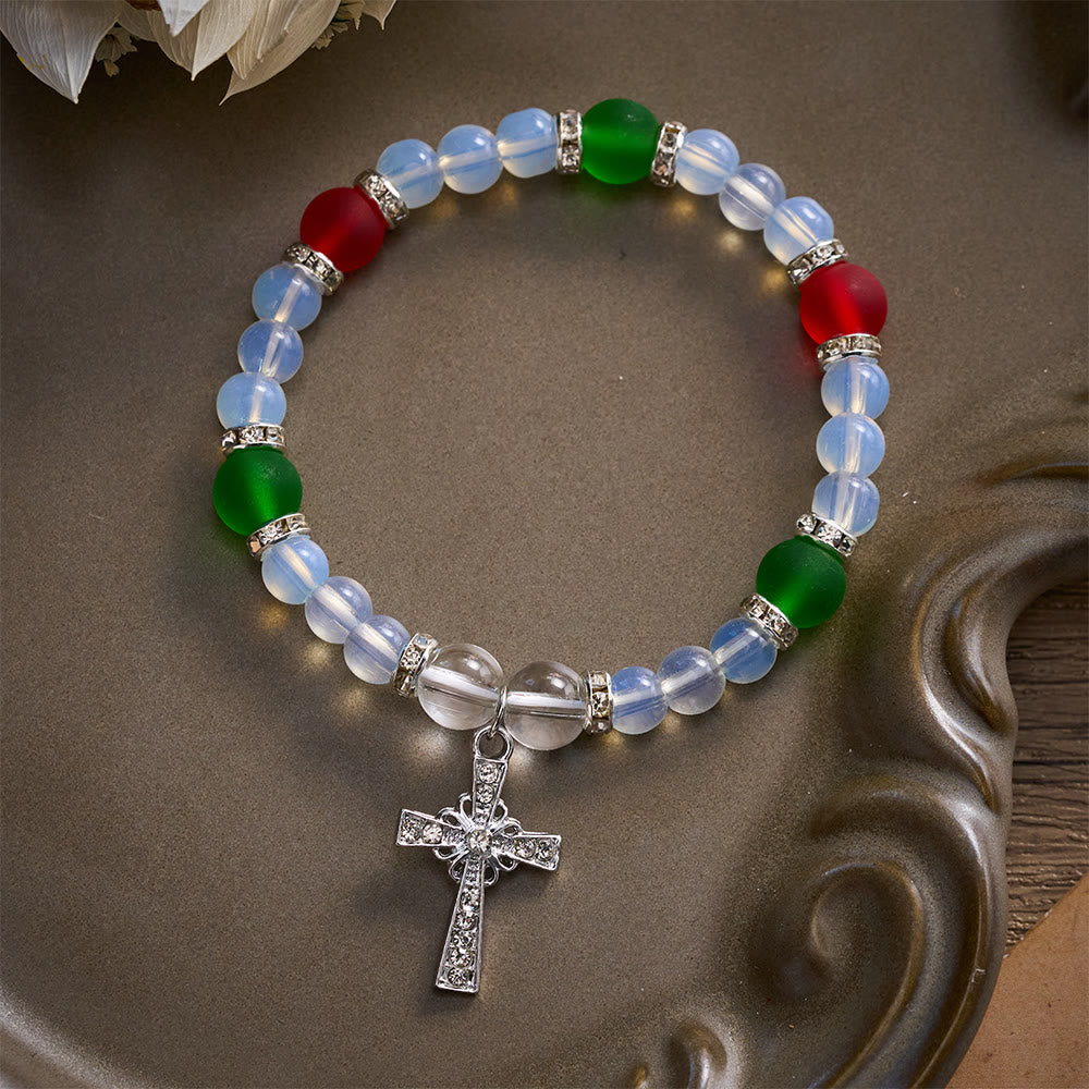 SolaceBeads Opalite Glass &amp; Red Green Cross Bracelet: Holiday Grace, Peaceful Joy - image 7