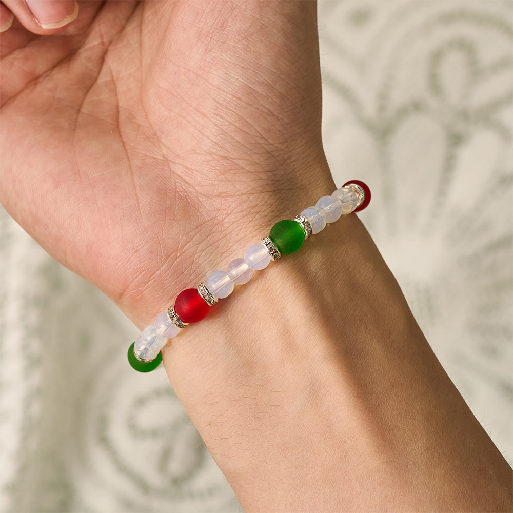 SolaceBeads Opalite Glass &amp; Red Green Cross Bracelet: Holiday Grace, Peaceful Joy - image 1