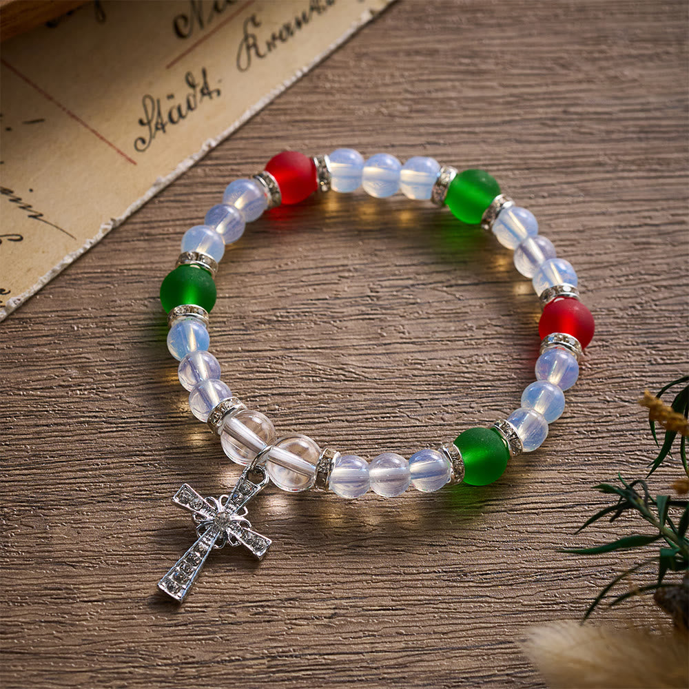 SolaceBeads Opalite Glass &amp; Red Green Cross Bracelet: Holiday Grace, Peaceful Joy - image 4