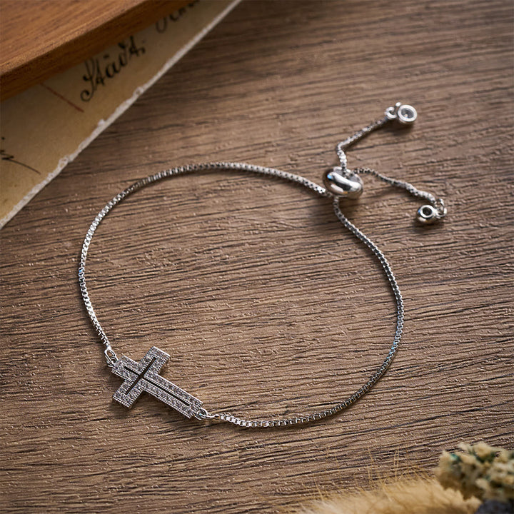 SolaceBeads Copper Cubic Zirconia Sideway Cross Adjustable Bracelet: Radiant Hope, Heavenly Grace - Silver - image 1