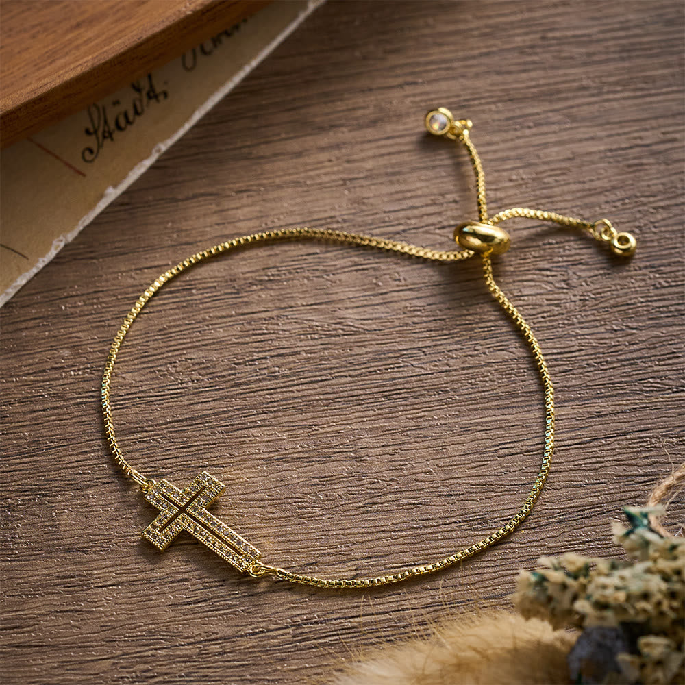SolaceBeads Copper Cubic Zirconia Sideway Cross Adjustable Bracelet: Radiant Hope, Heavenly Grace - Gold - image 0