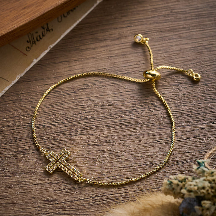 SolaceBeads Copper Cubic Zirconia Sideway Cross Adjustable Bracelet: Radiant Hope, Heavenly Grace - Gold - image 0