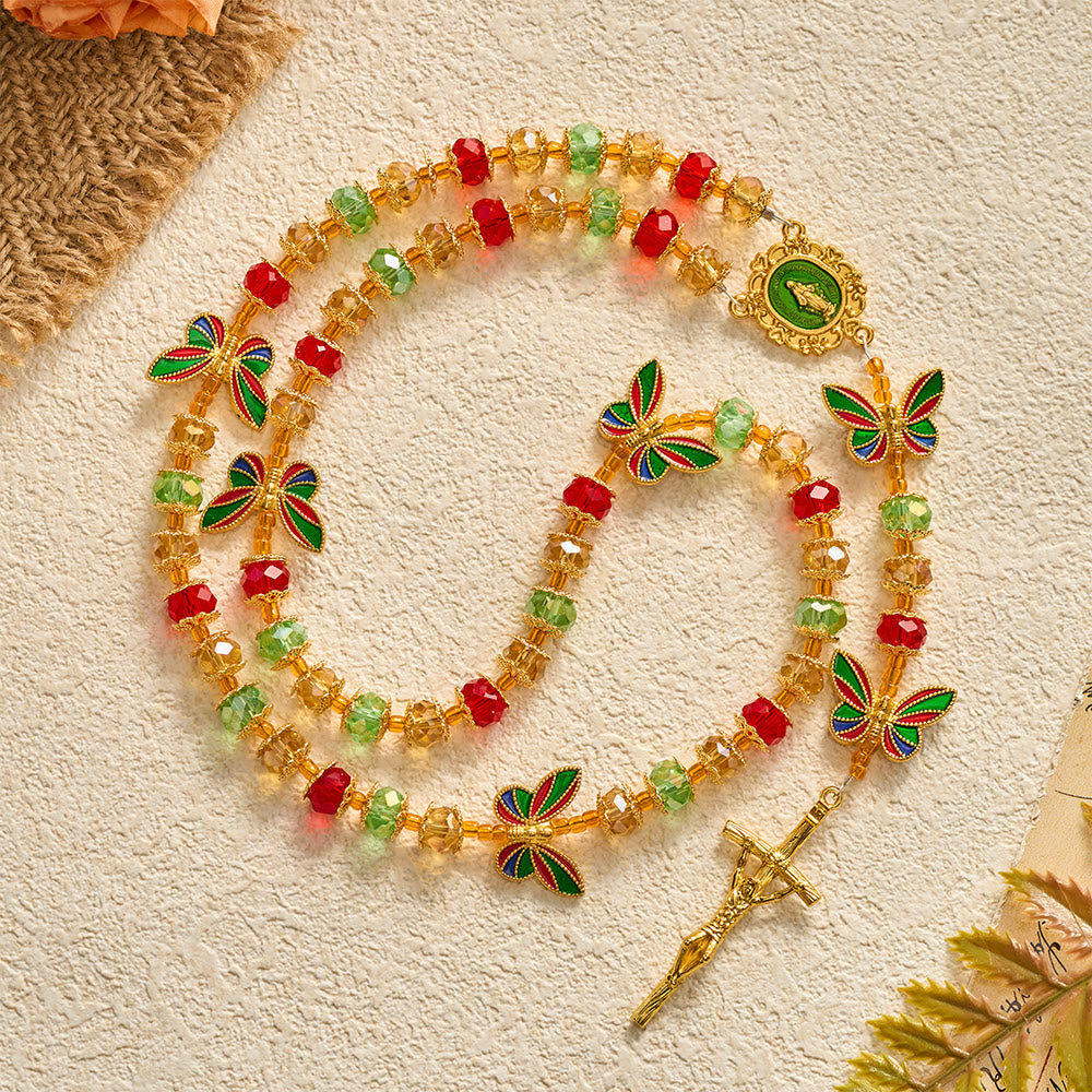 SolaceBeads Crystal Tricolor Butterfly Miraculous Medal Rosary: Radiant Grace, Heavenly Hope - Red & Green & Champagne - image 0