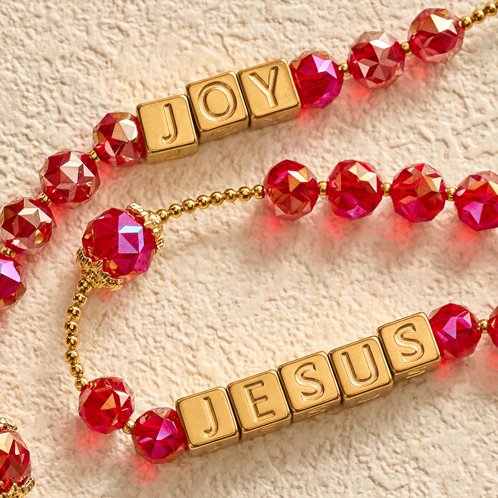 SolaceBeads Red Crystal "JOY JESUS" Cube Beads Rosary: Festive Joy, Divine Redemption - image 6